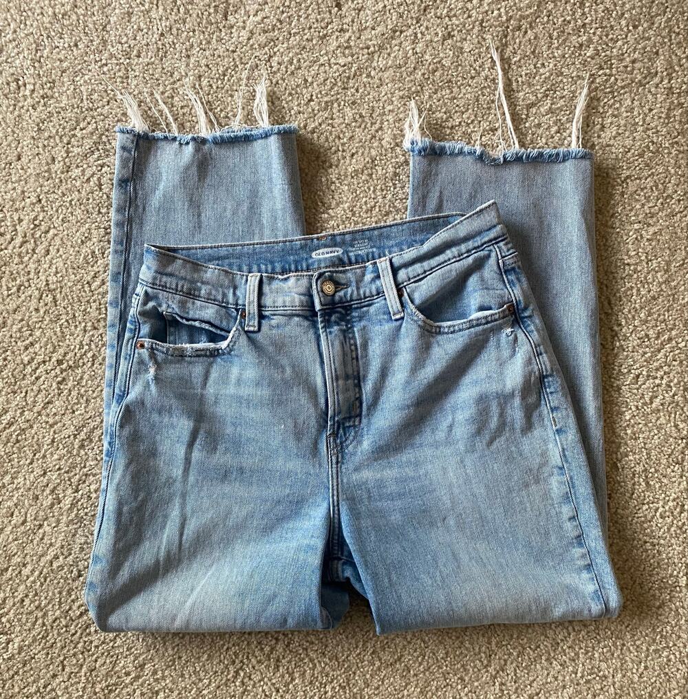 Old Navy Sky Hi Straight Jeans 10 Extra High Rise Raw Hem Light Wash Ankle